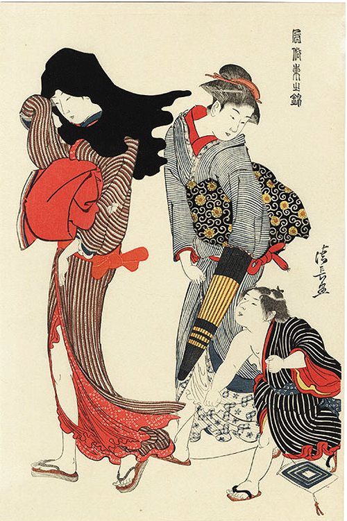 KIYONAGA, "The Entangled Kite String"
                (Red Kimono - Red Obi)