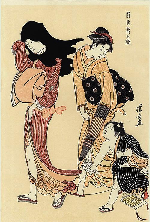 KIYONAGA, "The Entangled Kite String"
                (Green Kimono)